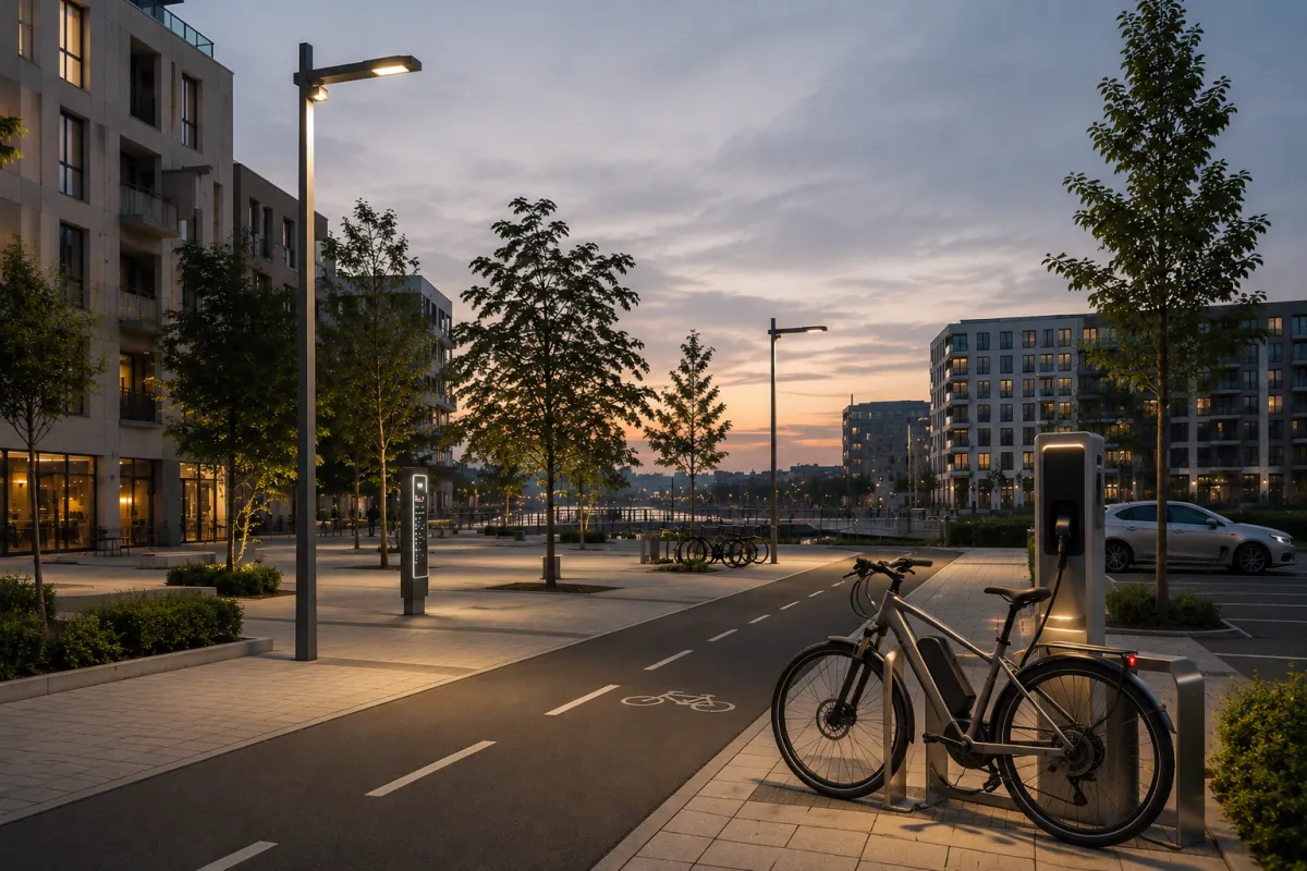 European urban mobility infrastructure with e-bike charging, modern street lighting and public space